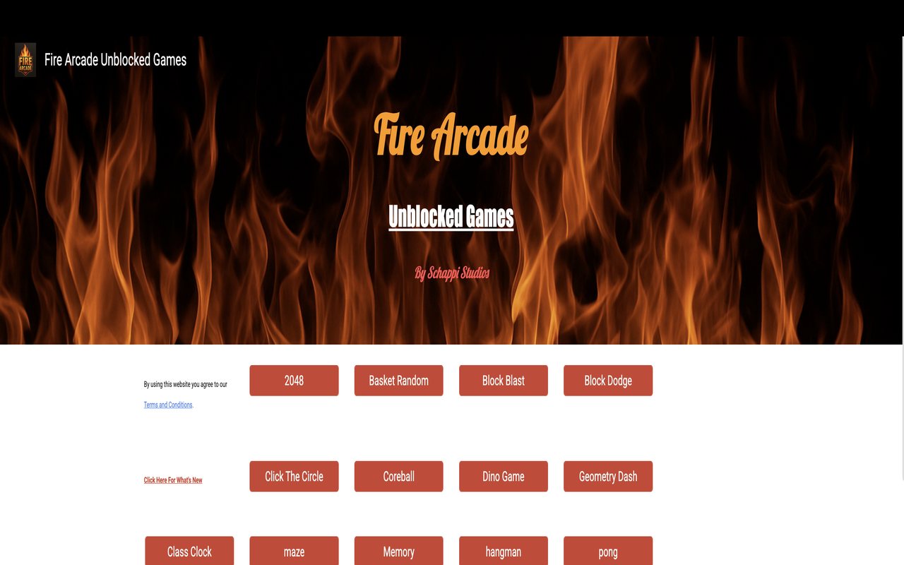 The Fire Arcade home page: a flame banner reading Fire Arcade Unblocked Games, above a grid of game buttons