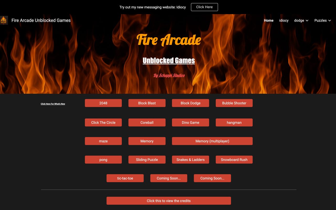 The Fire Arcade home page: a flame banner reading Fire Arcade Unblocked Games, above a grid of game buttons