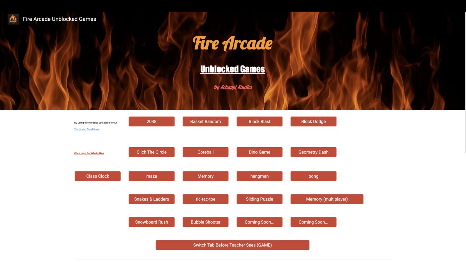 The Fire Arcade home page: a flame banner reading Fire Arcade Unblocked Games, above a grid of game buttons