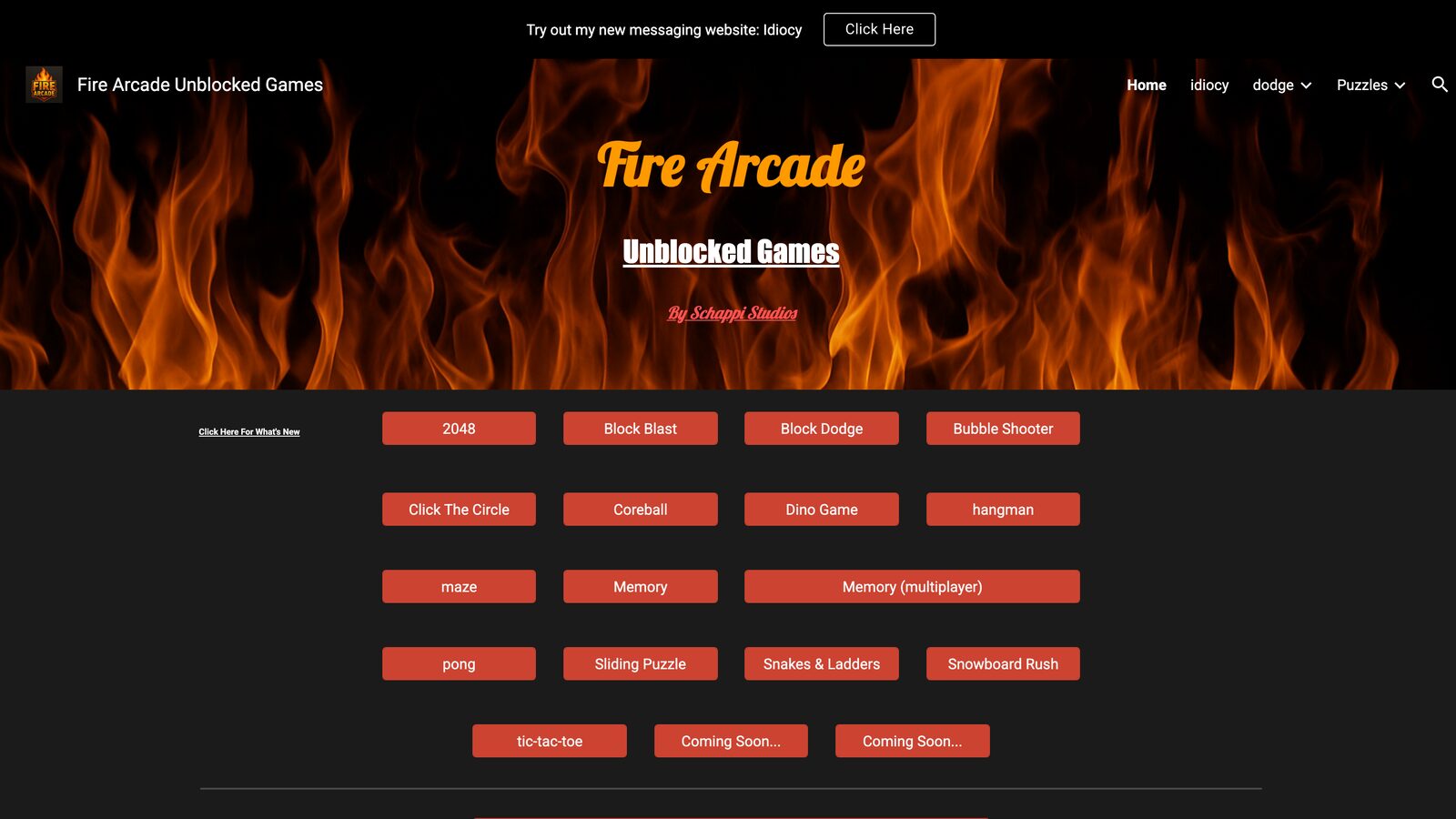 The Fire Arcade home page: a flame banner reading Fire Arcade Unblocked Games, above a grid of game buttons