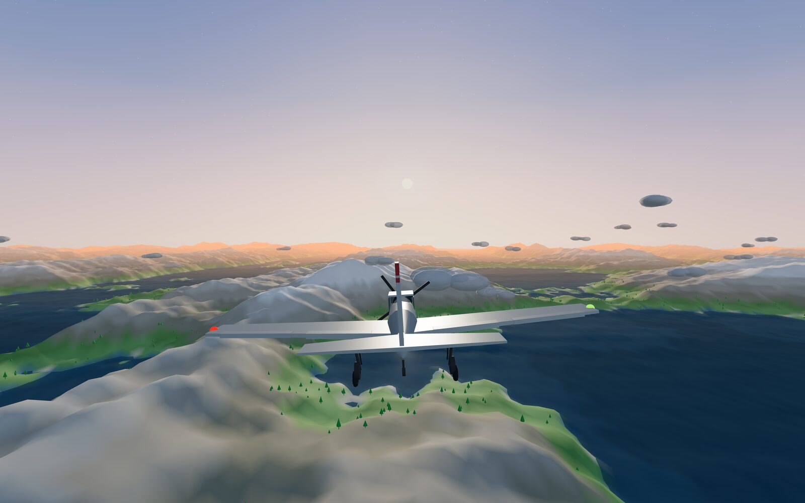 A light aircraft flying over snowy mountains and a dark sea at dusk