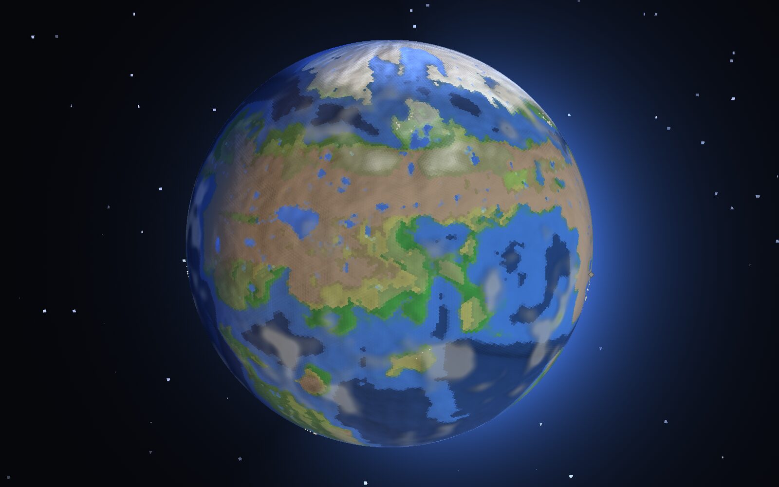 A God Sim world seen from space: continents, ice caps and drifting cloud